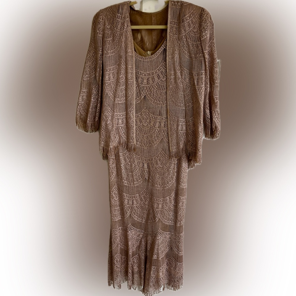 Damianou Vintage crocheted scalloped fringe sleeveless maxi dress and jacket.